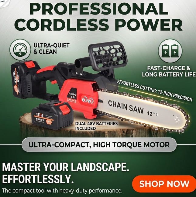 Cordless Chainsaw with 12 inches Guide Bar – 2 Batteries