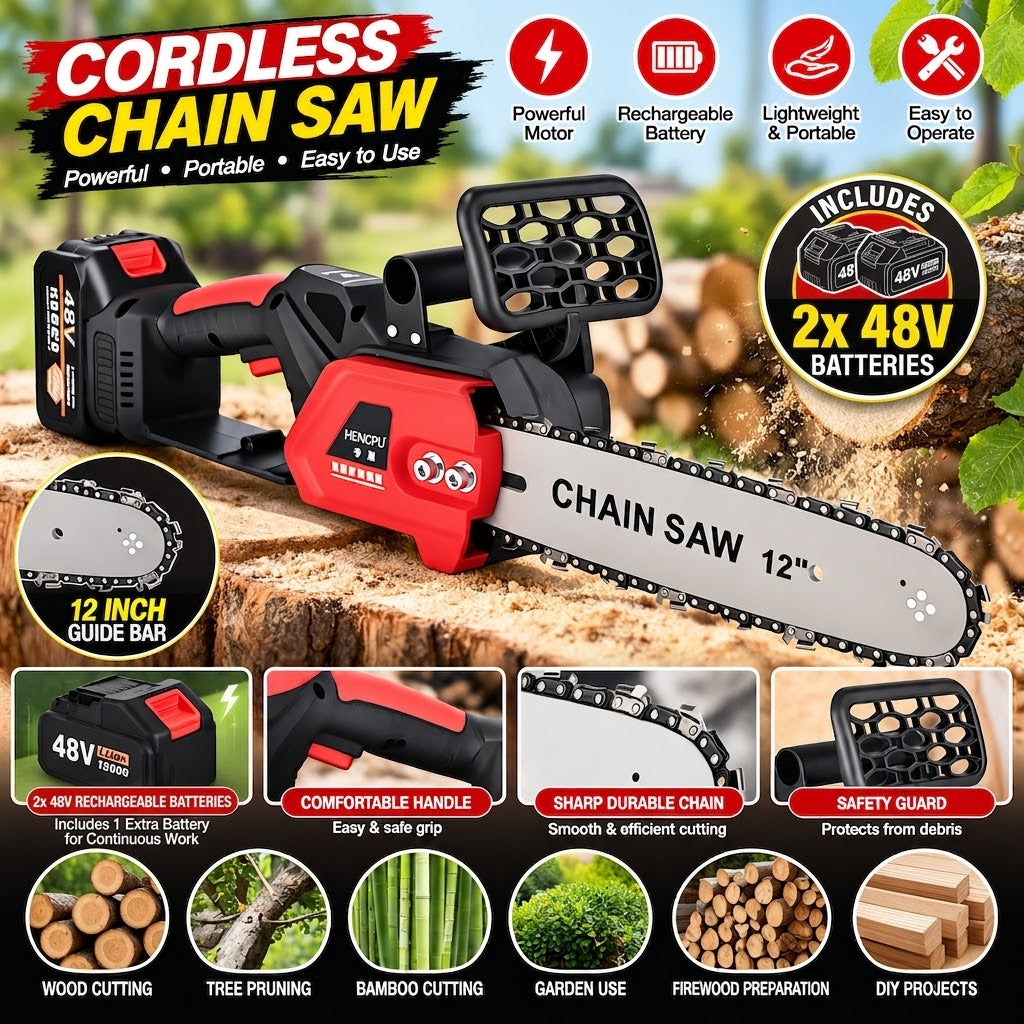 Cordless Chainsaw with 12 inches Guide Bar – 2 Batteries