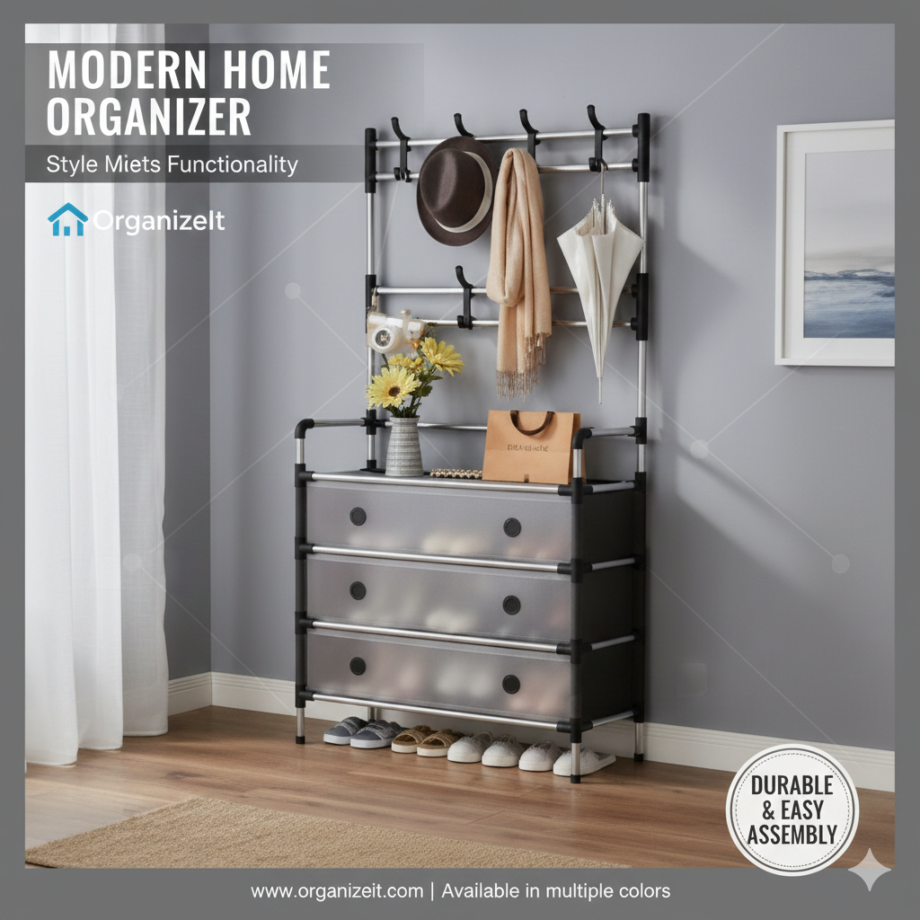 5-Tier Multi-Functional Storage Rack with Coat Hooks