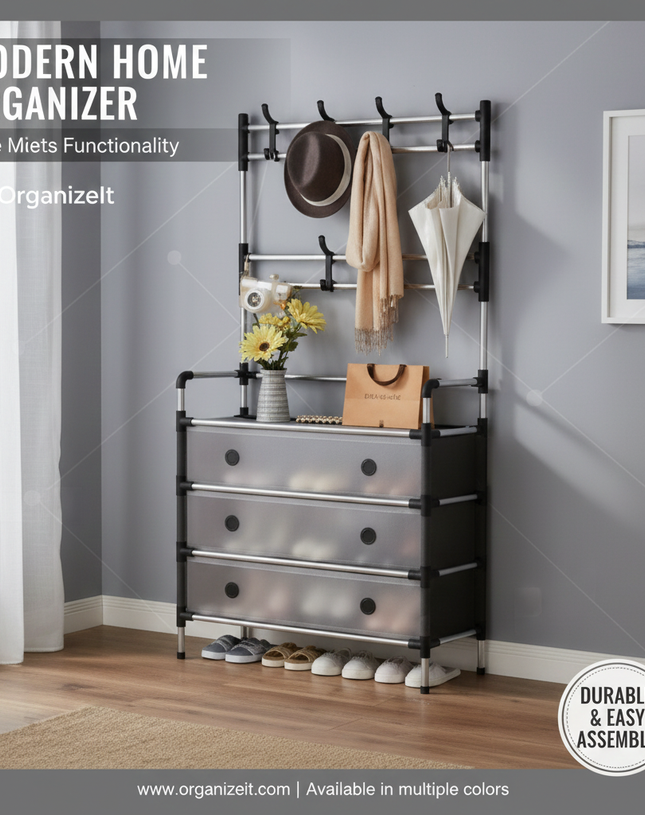 5-Tier Multi-Functional Storage Rack with Coat Hooks